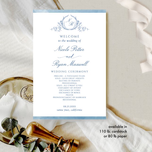 Classic, Blue Monogram Watercolor Wedding Program (Creator Uploaded)