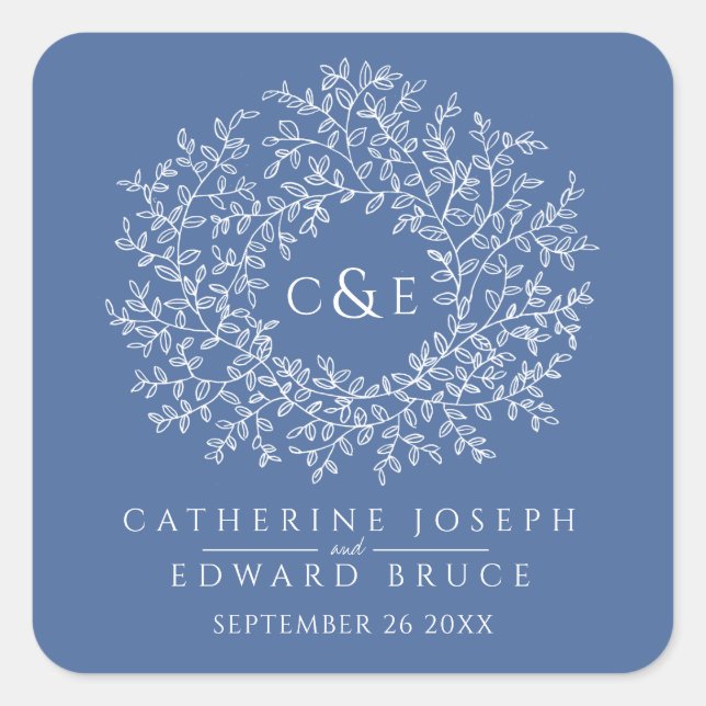 Classic blue monogram white art custom wedding square sticker (Front)
