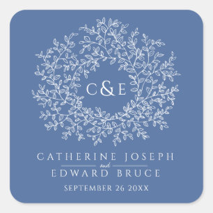 Classic blue monogram white art custom wedding square sticker