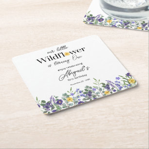 Classic Blue Our Little Wildflower 1st Birthday Square Paper Coaster