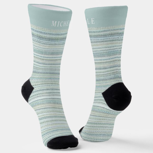 Classic Blue Pastel Lines Striped Custom Name  Socks (Angled)