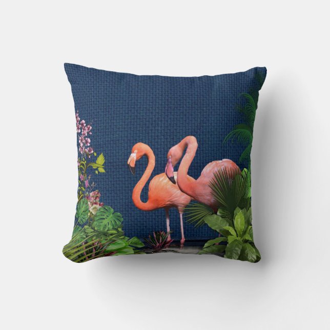 Classic Blue Pink Flamingos Green Cushion (Front)
