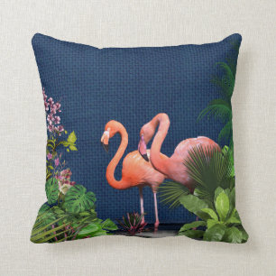 Classic Blue Pink Flamingos Green Cushion