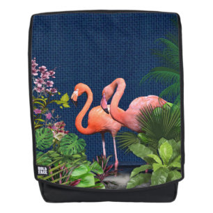 Classic Blue Pink Flamingos Green Leaves Backpack