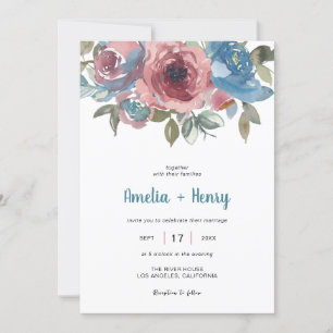 Classic Blue & Pink Floral Elegant Wedding Invitation