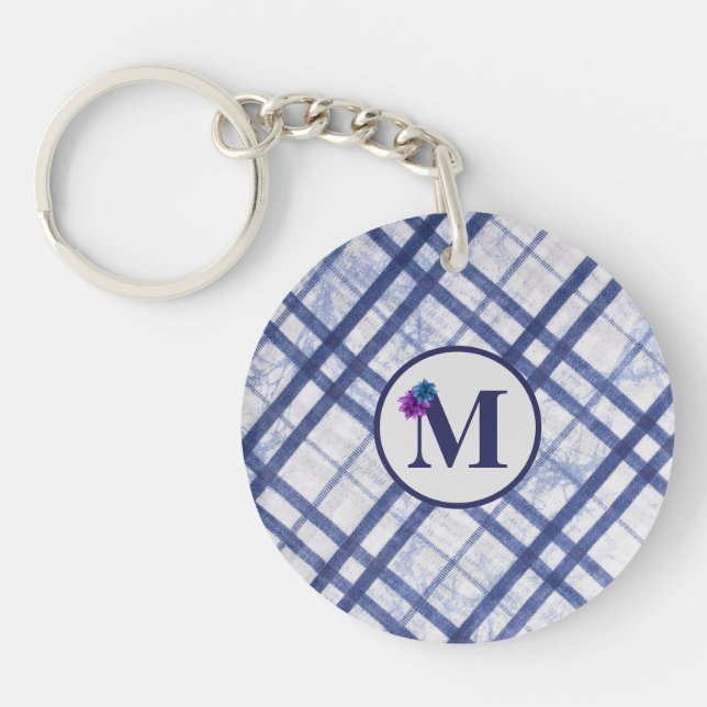 Classic blue plaid monogram Keychain (Front)