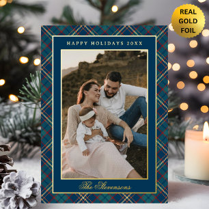 Classic Blue Plaid Vintage Wreath One Photo Foil Holiday Card