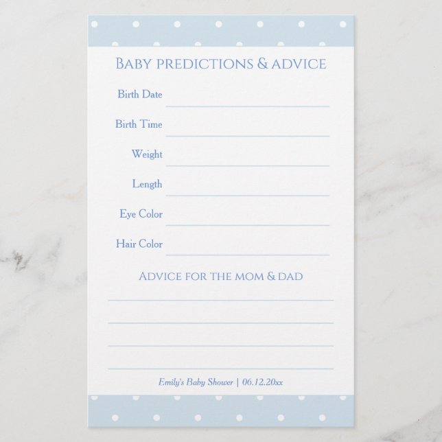 Classic Blue Polka Dots Baby Shower Guessing Game (Front)