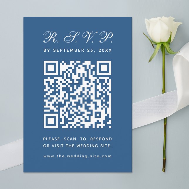 Classic Blue QR Code Simple Calligraphy Wedding RSVP Card (Creator Uploaded)