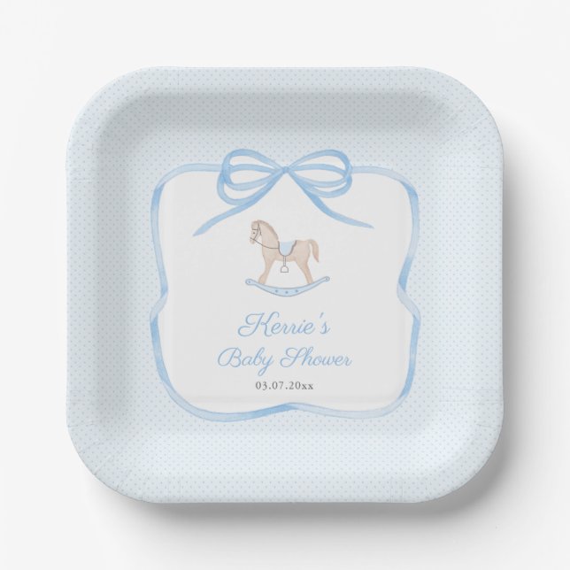 Classic Blue Rocking Horse Boy Baby Shower Party Paper Plate (Front)