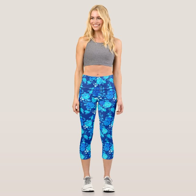 Classic Blue Rose Flowers Pattern-87600 Capri Leggings (Front)