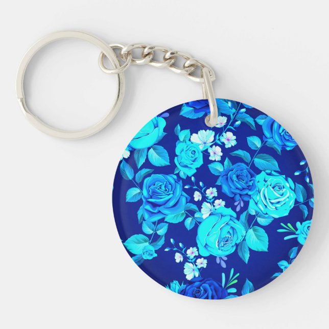 Classic Blue Rose Flowers Pattern-87600 Key Ring (Front)