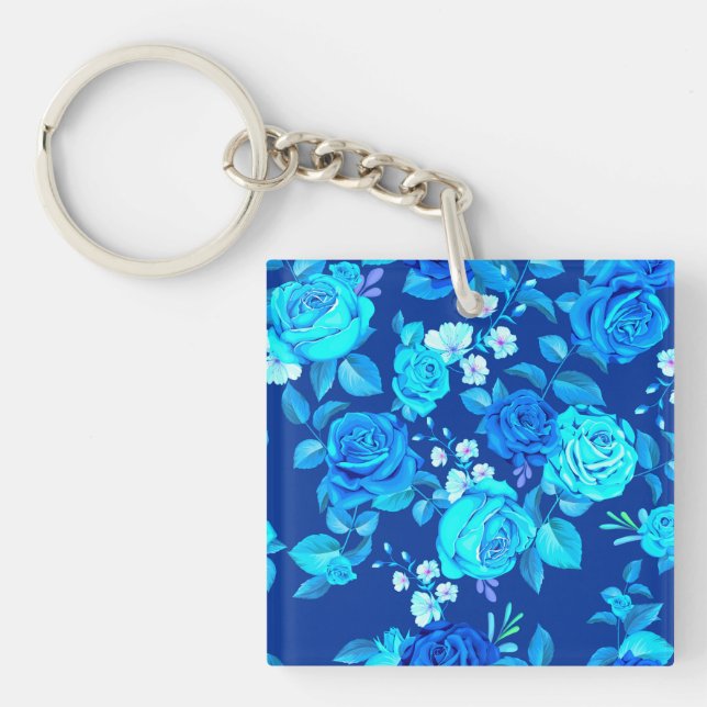 Classic Blue Rose Flowers Pattern-87600 Key Ring (Front)