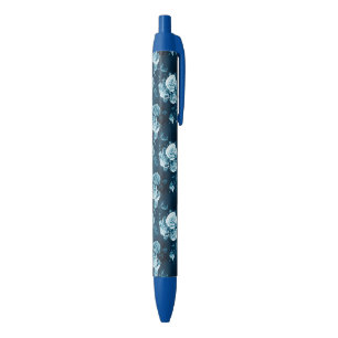 Classic Blue Rose Pattern Black Ink Pen
