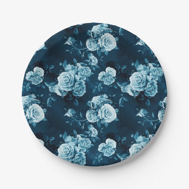 Classic Blue Rose Pattern Paper Plate (Front)