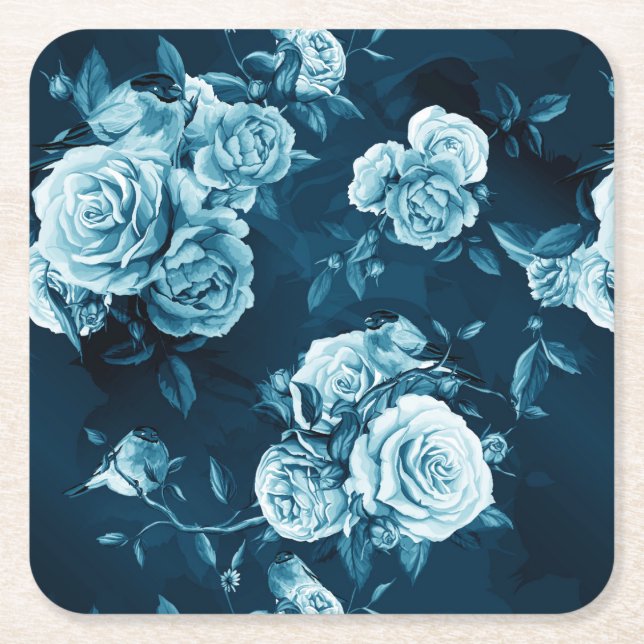 Classic Blue Rose Pattern Square Paper Coaster (Front)