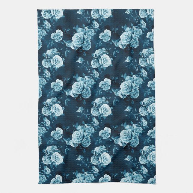 Classic Blue Rose Pattern Tea Towel (Vertical)