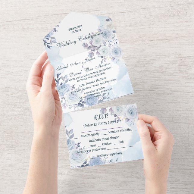  Classic Blue Roses Flowers Watercolor All In One Invitation (Tearaway)