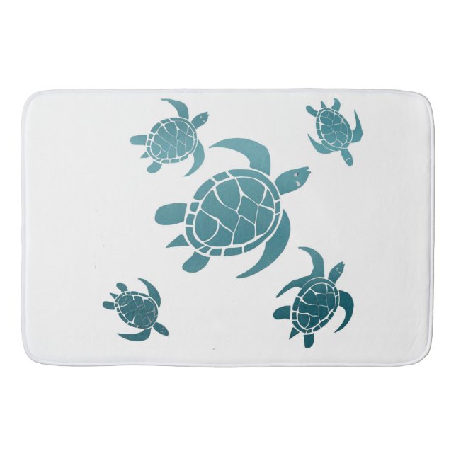 Classic Blue Sea Turtles White Coastal Bath Mat (Front)