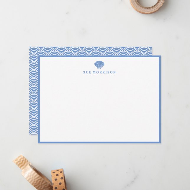 Classic Blue Seashell Personalised 5x7 Stationery Note Card (Front/Back In Situ)