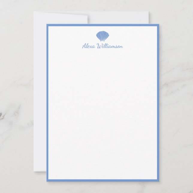 Classic Blue Seashell Personalised Stationery Card (Front)