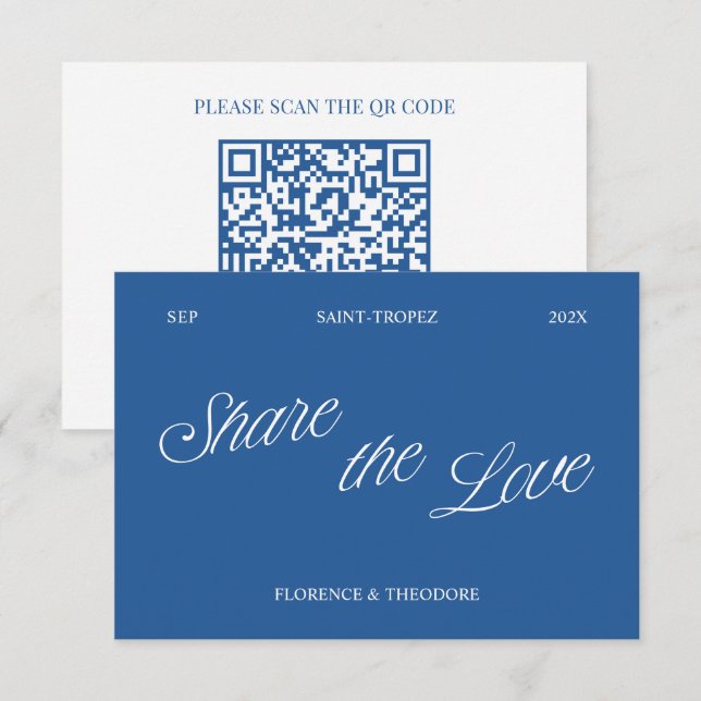 Classic Blue Share the Love QR Code Wedding Photo  Enclosure Card (Front/Back)