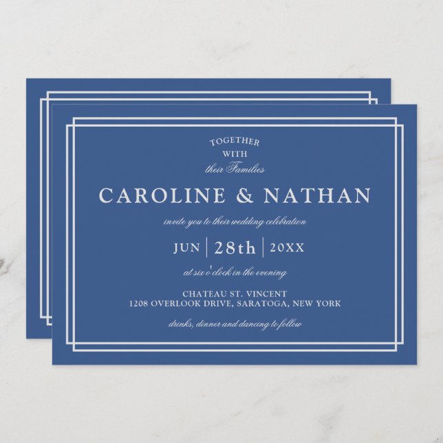 Classic Blue Simple Elegant Frame Wedding Invitation (Front/Back)