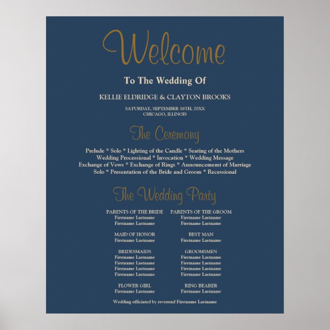 Classic Blue Simple Wedding Ceremony Program Sign (Front)