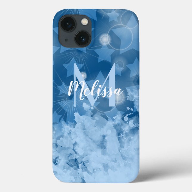Classic Blue Stars pattern Modern Monogram Name Case-Mate iPhone Case (Back)