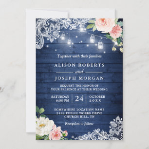 Classic Blue String Lights Floral Rustic Wedding Invitation