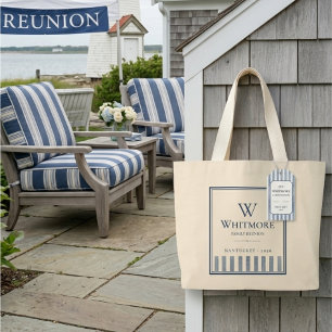 Classic Blue Stripe Family Reunion Welcome Large Tote Bag