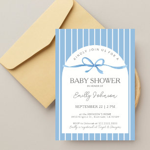 Classic Blue Stripes Painted Bow Baby Boy Shower Invitation