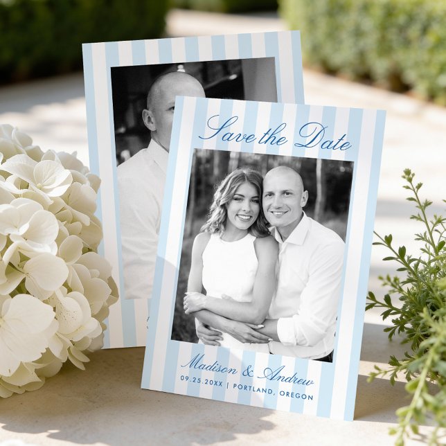 Classic Blue Stripes Photo Wedding Save The Date (Creator Uploaded)