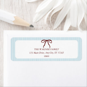 Classic Blue Stripes Red Bow Christmas Return Address Label