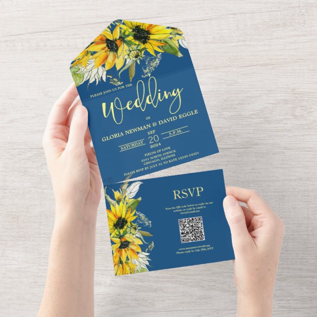 Classic Blue Sunflower QR Code All In One Invitation (Tearaway)