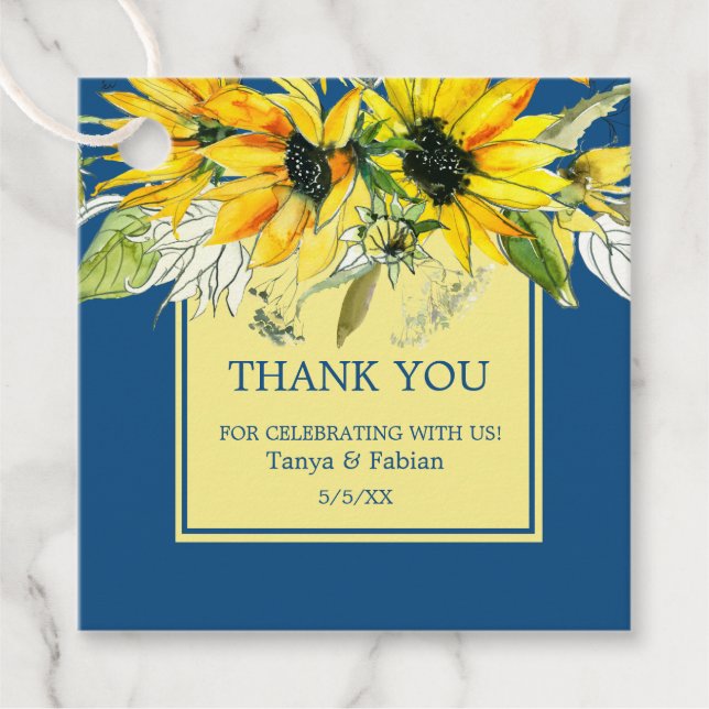 Classic Blue Sunflower Wedding Favour tag (Front)