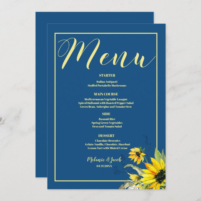 Classic Blue Sunflower wedding Menu (Front/Back)