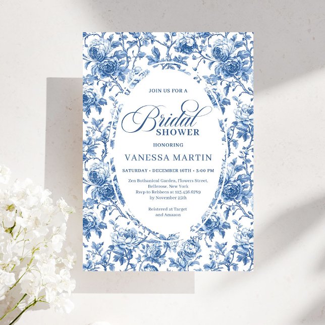 Classic Blue Toile de Jouy Floral Bridal Shower   Invitation (Classic Blue Toile de Jouy Floral Bridal Shower Invite)