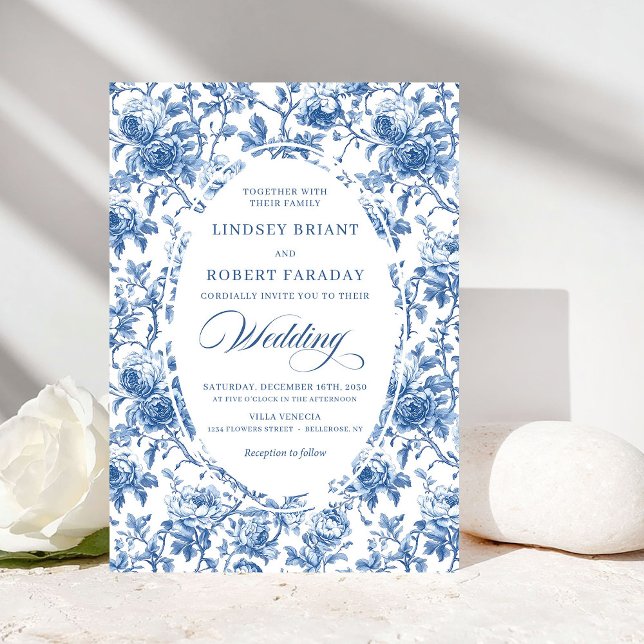 Classic Blue Toile de Jouy Roses Timeless Wedding  Invitation (Classic Blue Toile de Jouy Roses Timeless Wedding Invite)
