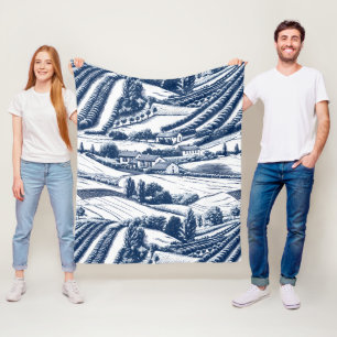 Classic Blue Toile Pastoral Landscape Vintage Fleece Blanket