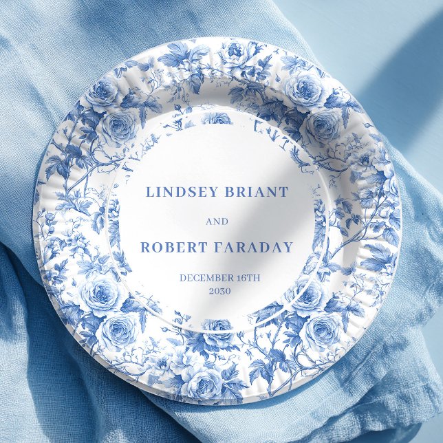 Classic blue toile roses wedding reception table paper plate (Classic blue toile roses wedding reception paper plates

)