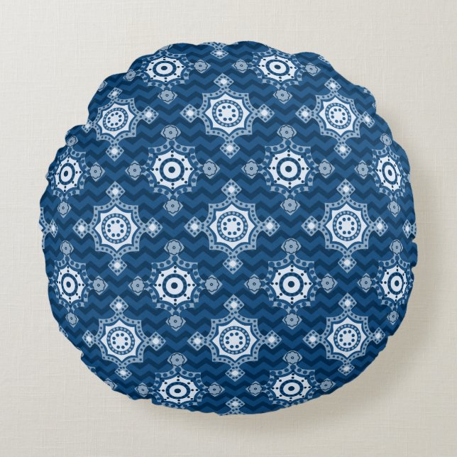 Classic Blue | Two Designs Boho Style Round Cushion (Front)