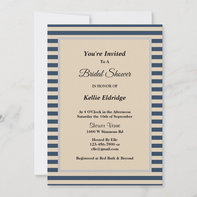 Classic Blue/Vanilla Stripes Framed Bridal Shower Invitation (Front)