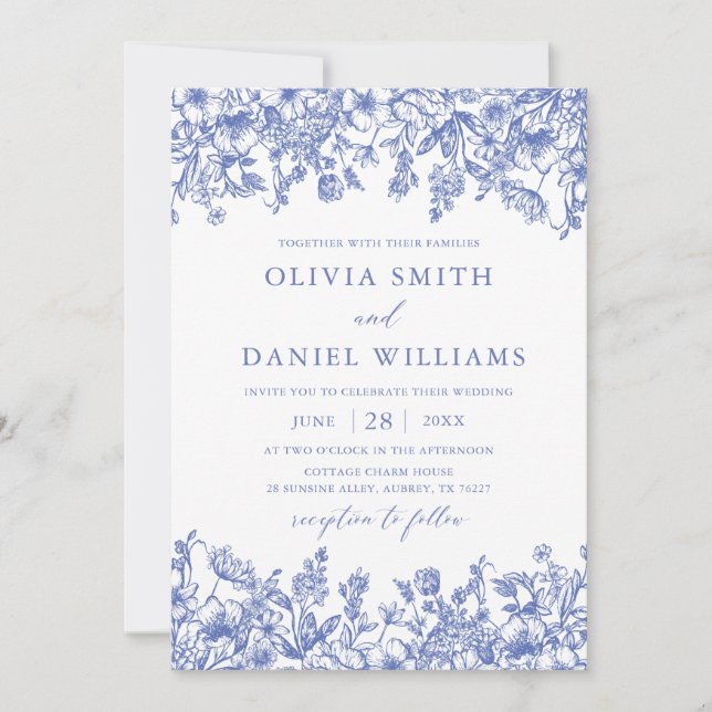 Classic Blue Vintage Floral Wildflower Wedding Invitation (Front)