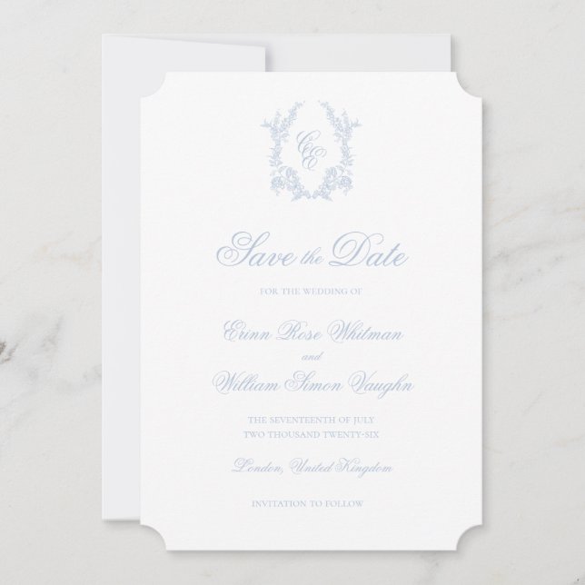 Classic Blue Wedding Crest Save The Date Invite (Front)