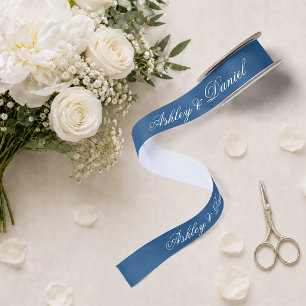 Classic Blue Wedding Elegant Script Calligraphy Satin Ribbon