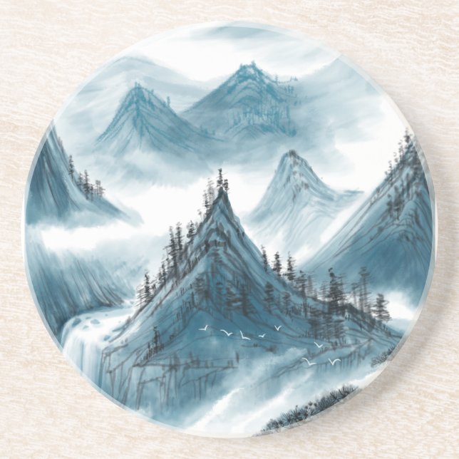 Classic Blue White Chinoiserie Landscape Painting Coaster (Front)
