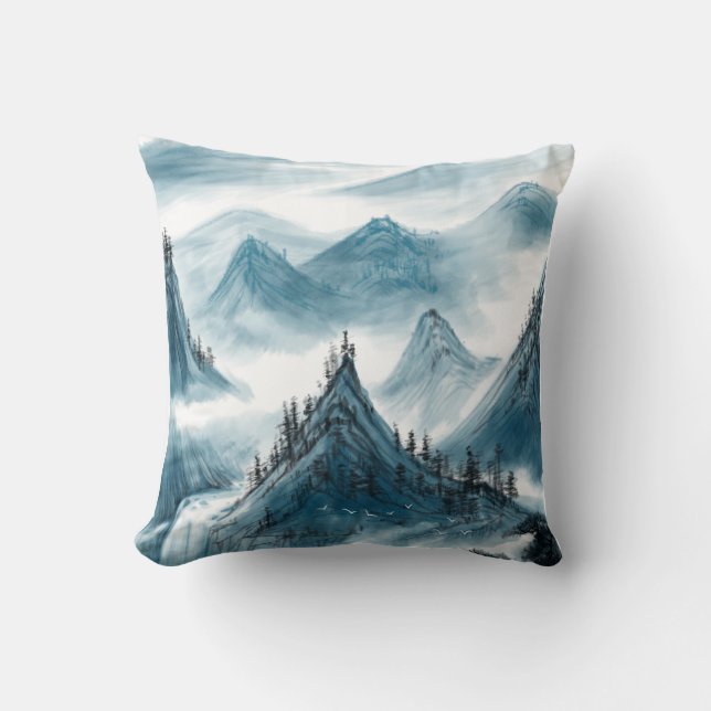 Classic Blue White Chinoiserie Landscape Painting Cushion (Front)