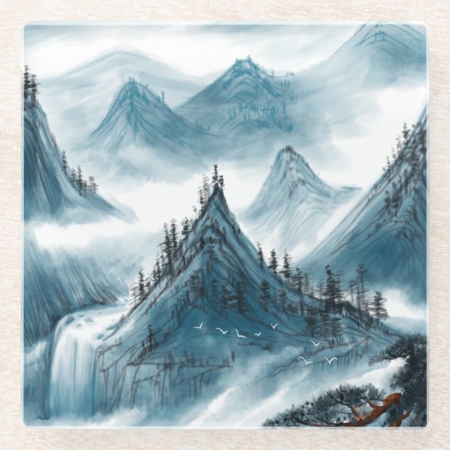 Classic Blue White Chinoiserie Landscape Painting  Glass Coaster (Front)