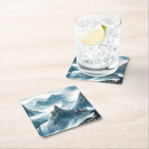 Classic Blue White Chinoiserie Landscape Painting Square Paper Coaster